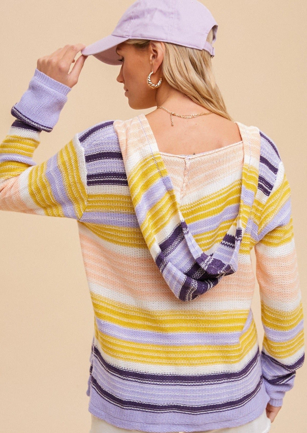 Knit Kangaroo Pocket Hooded Sweater - Mustard/Periwinkle