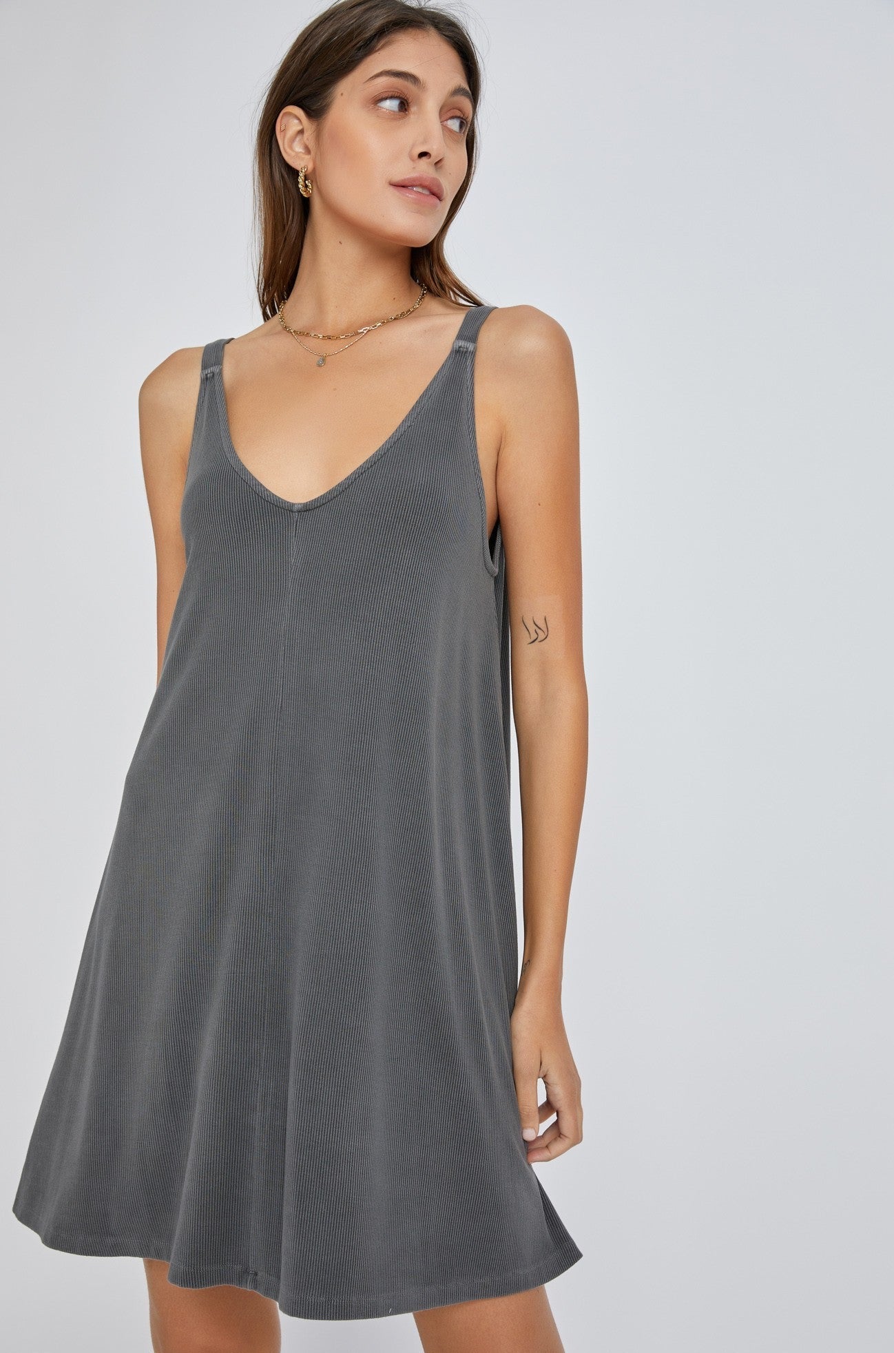 Ribbed V Neck Mini Dress