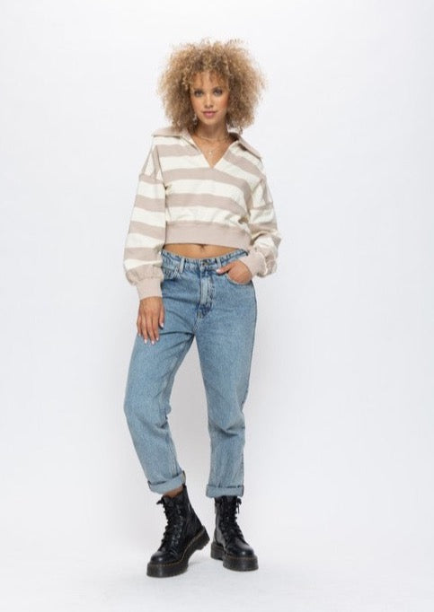 Side Zip Striped V Neck Pullover - Taupe/Cream
