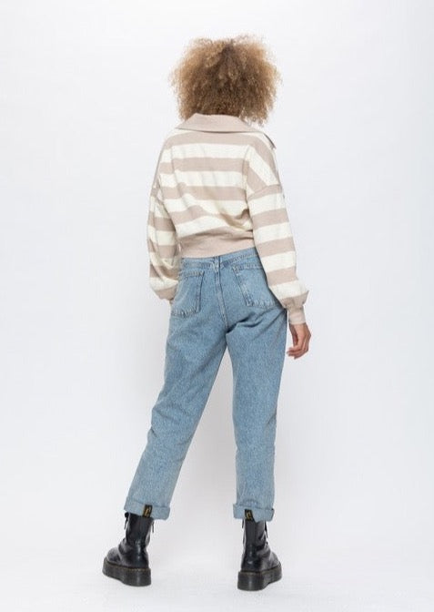 Side Zip Striped V Neck Pullover - Taupe/Cream