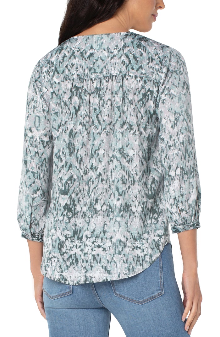 V-Neck 3/4 Puff Sleeve Button Up Shirt