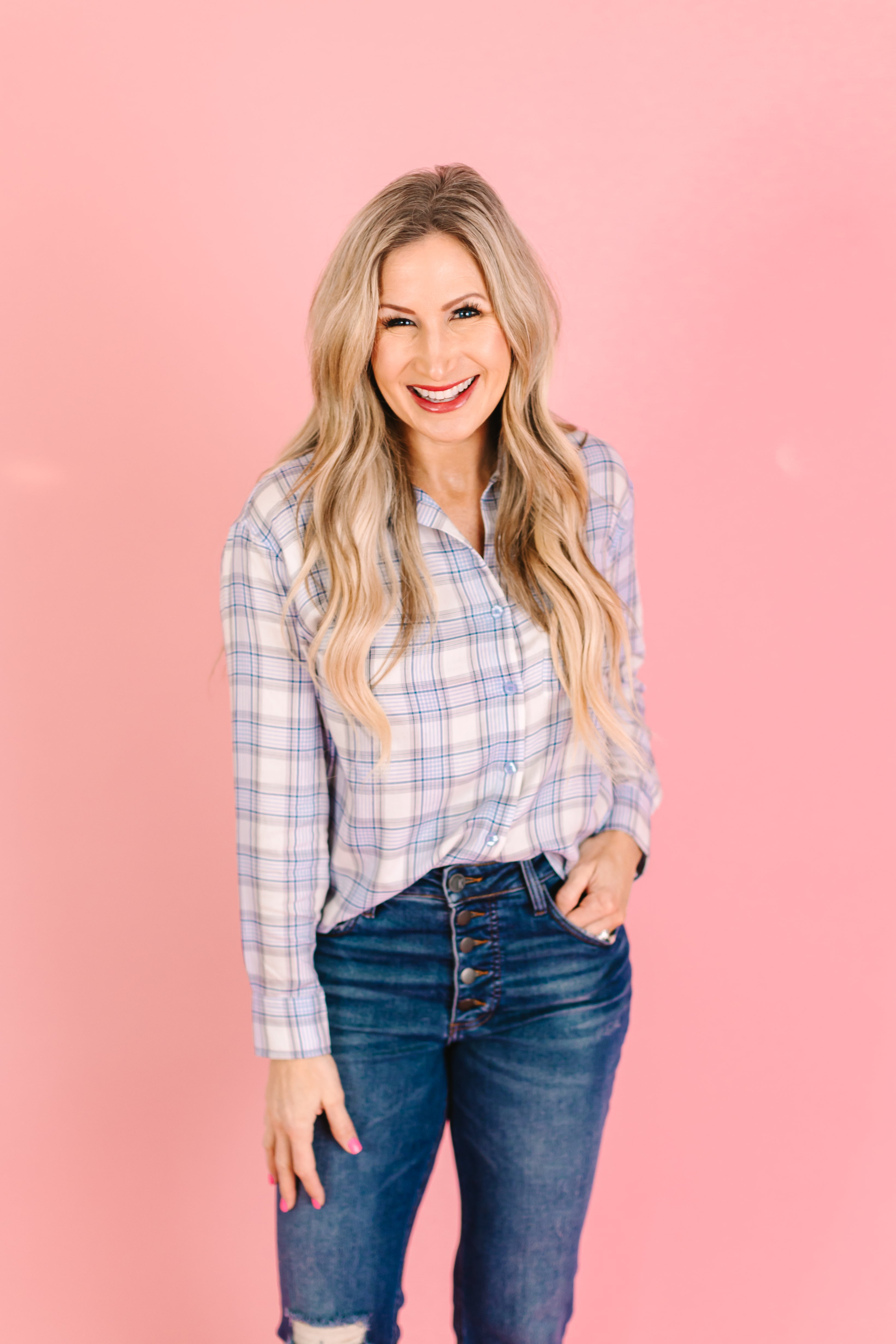 Alcott Button Down Long Sleeve Shirt - Blue/White