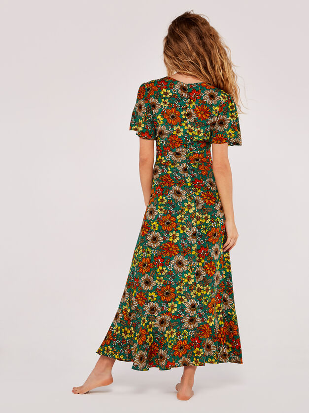 70's Floral Angel Sleeve Midi Dress - Green
