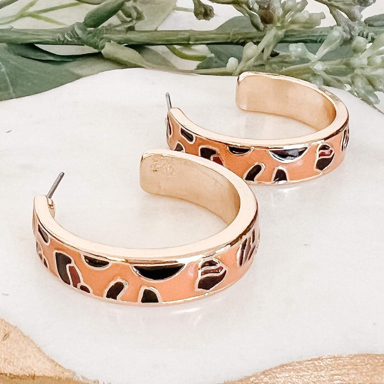 Animal Print Enamel Hoop Earrings - Leopard Tan