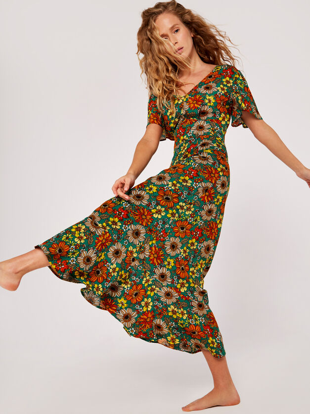 70's Floral Angel Sleeve Midi Dress - Green