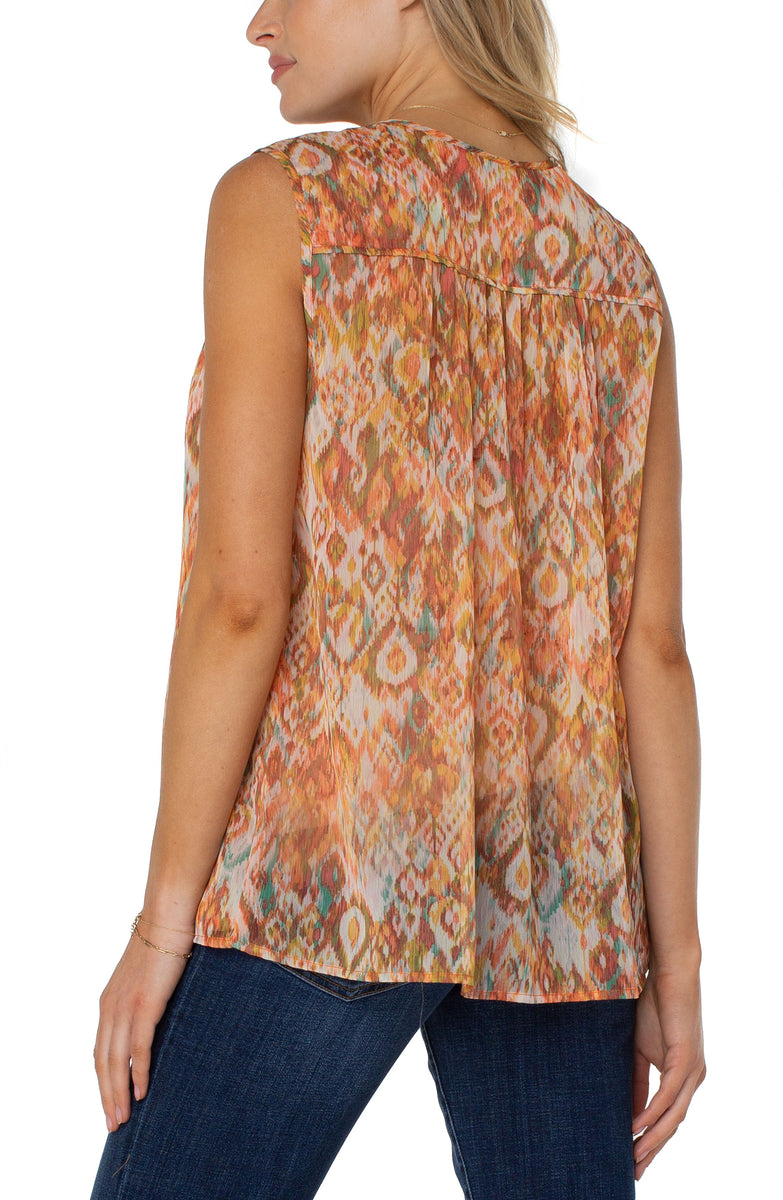 Tie Front Shirred Sleeveless Blouse