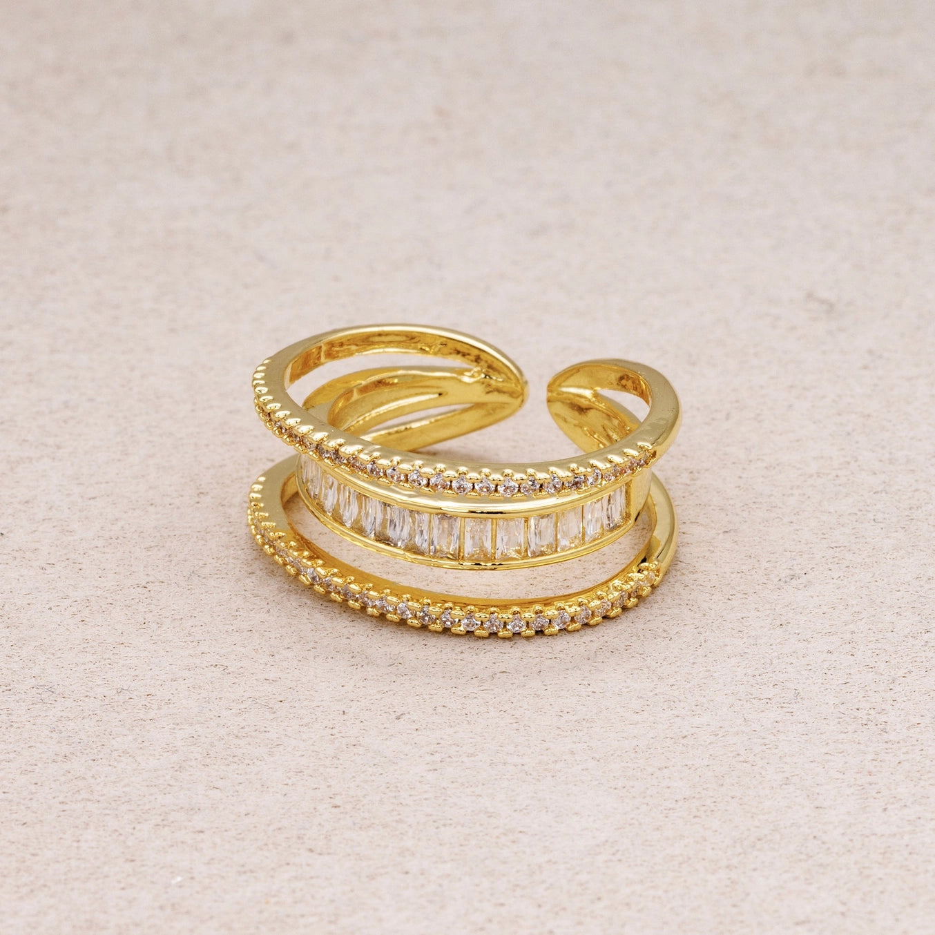 Triple Banded Cz Baguette Micro Pave Adjustable Ring