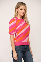 Stripe Short Puff Sleeve Sweater