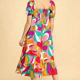 Abstract Print Puff Sleeve Midi Dress