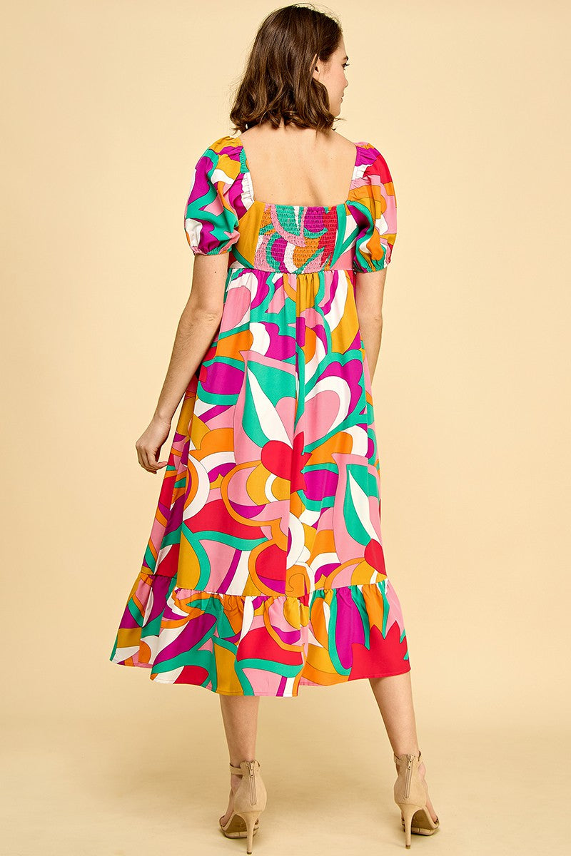 Abstract Print Puff Sleeve Midi Dress