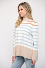 Stripe Mock Neck Bell Sleeve Sweater