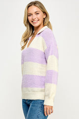 Striped Varsity Collar Fuzzy Sweater