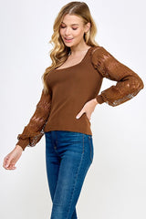Lace Balloon Sleeve Rib Knit Top