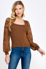Lace Balloon Sleeve Rib Knit Top