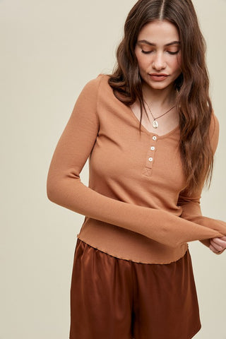 Ribbed Knit Top With Button Detail