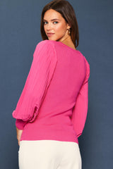 Mixed Media Pleated Sleeve Knit Top