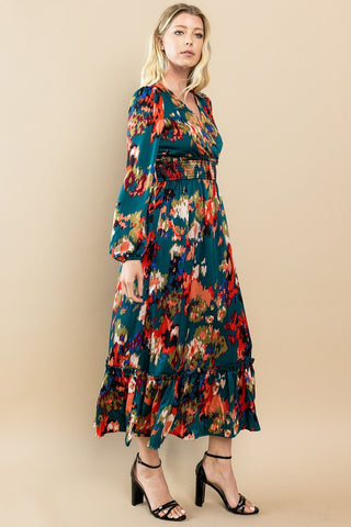 Abstract Print Long Sleeve Midi Dress