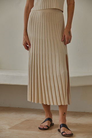 Knit Sweater Ribbed Midi Skirt with Front Slit