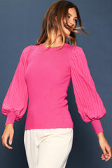 Mixed Media Pleated Sleeve Knit Top