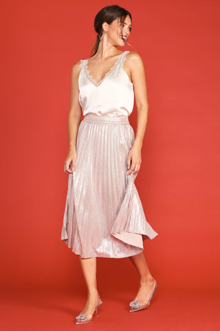 Foil Coated Pleated Midi Skirt