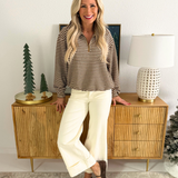 Turtle Neck Stripe Knit Bubble Hem Half Zip Sweatshirt