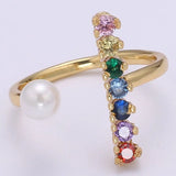 Rainbow CZ Open. Adjustable Ring W/ Pearl