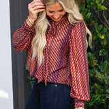 Long Sleeve Woven Blouse w/ Neck Tie