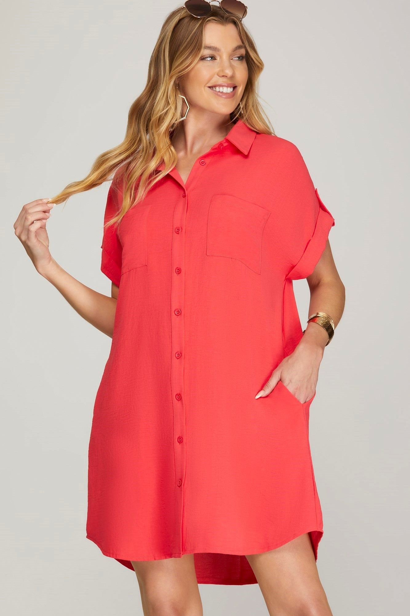 Drop Shoulder Button Up Woven Shirt Dress
