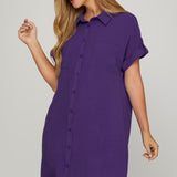 Drop Shoulder Button Up Woven Shirt Dress