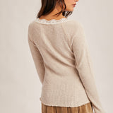 Brushed Rib Lace Trimmed Henley Top