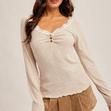 Brushed Rib Lace Trimmed Henley Top