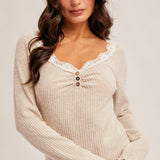 Brushed Rib Lace Trimmed Henley Top