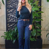 Gold Button Shoulder Scalloped Crewneck Sweater