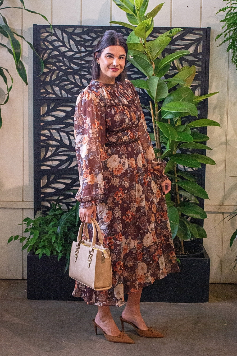 Mockneck Smock Waist Midi Dress