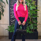 Gold Button Shoulder Scalloped Crewneck Sweater