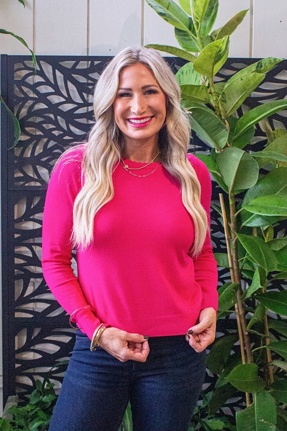Gold Button Shoulder Scalloped Crewneck Sweater