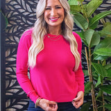 Gold Button Shoulder Scalloped Crewneck Sweater
