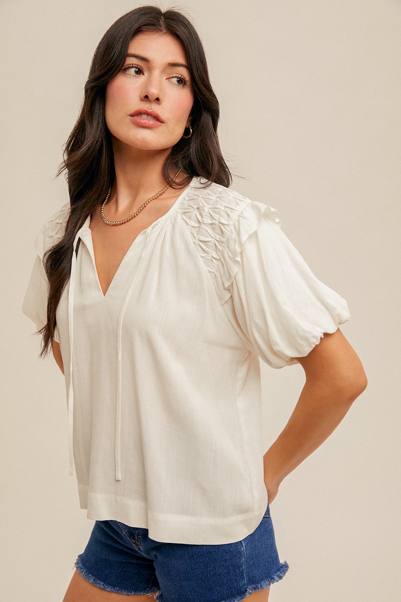 Bubble Sleeve Pin Tuck Detailed Peasant Blouse