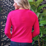 Gold Button Shoulder Scalloped Crewneck Sweater