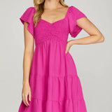 Flutter Sleeve Smock Tiered Sweetheart Woven Dress