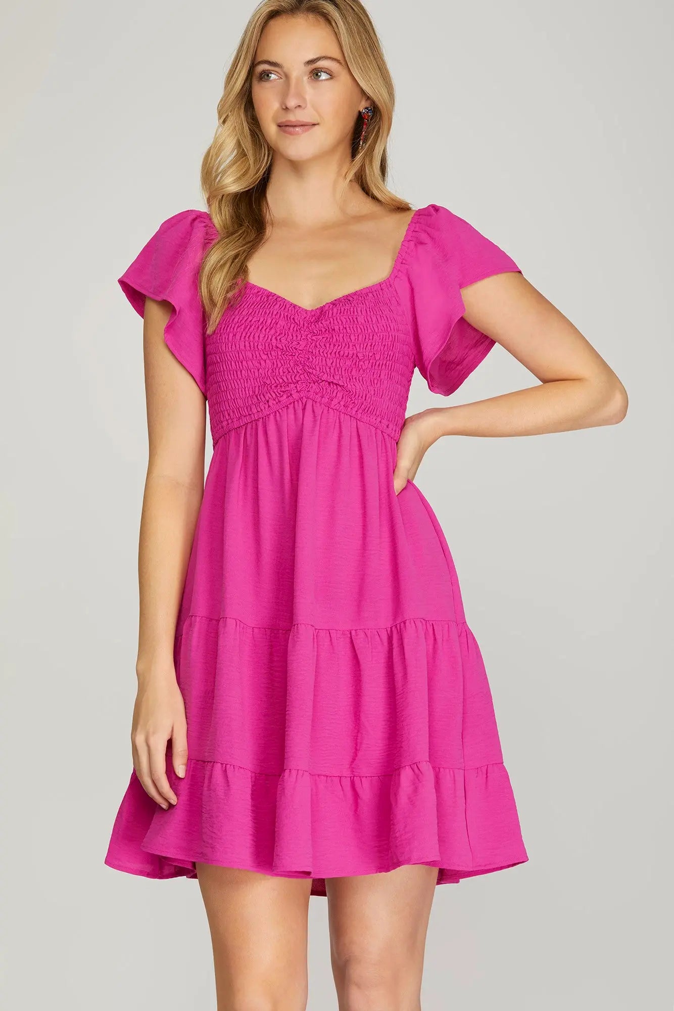 Flutter Sleeve Smock Tiered Sweetheart Woven Dress