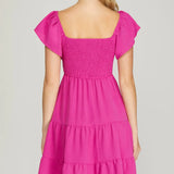 Flutter Sleeve Smock Tiered Sweetheart Woven Dress