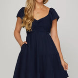 Flutter Sleeve Smock Tiered Sweetheart Woven Dress