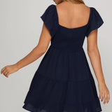 Flutter Sleeve Smock Tiered Sweetheart Woven Dress