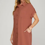 Drop Shoulder Button Up Woven Shirt Dress