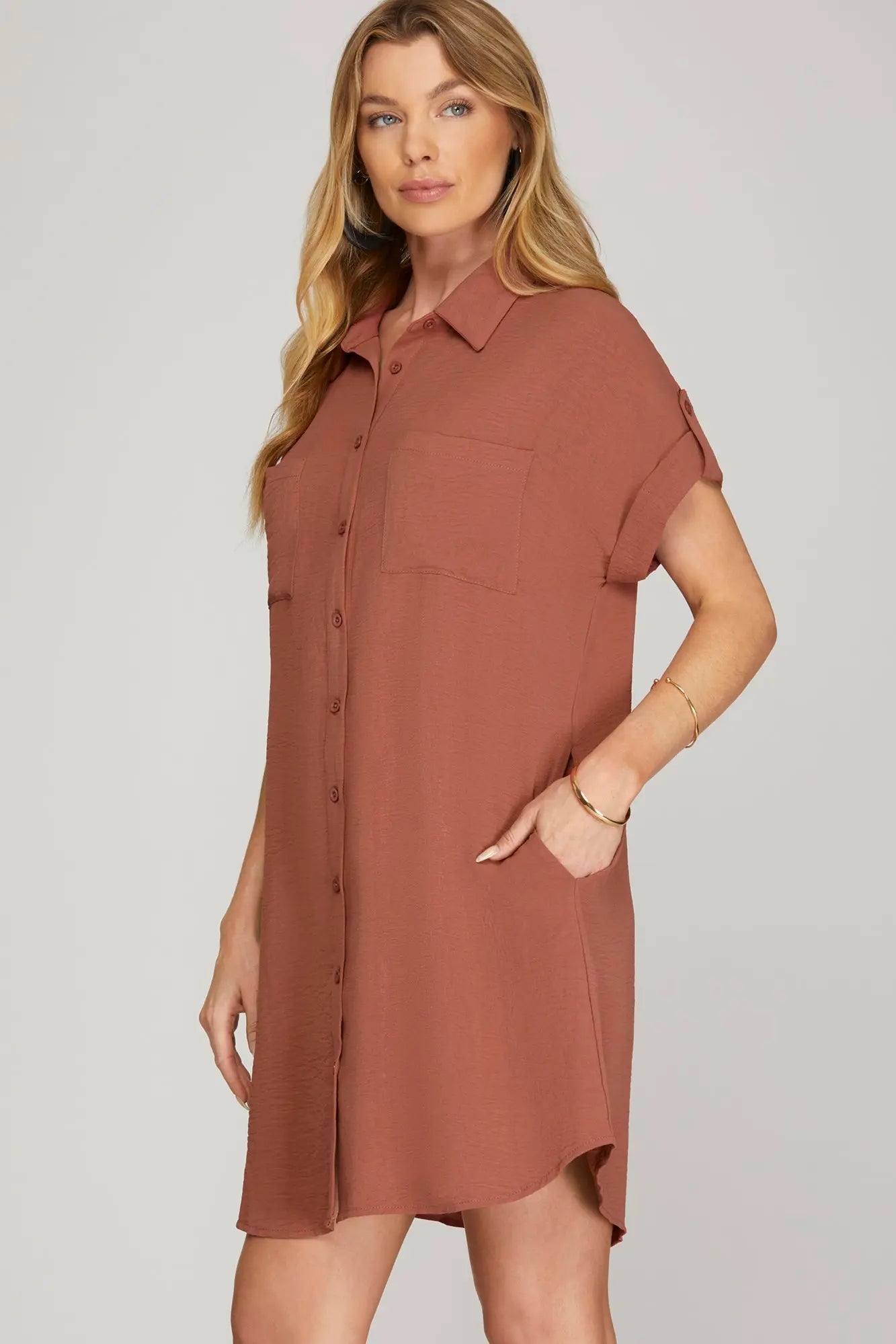 Drop Shoulder Button Up Woven Shirt Dress