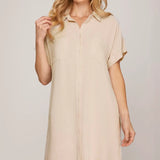 Drop Shoulder Button Up Woven Shirt Dress
