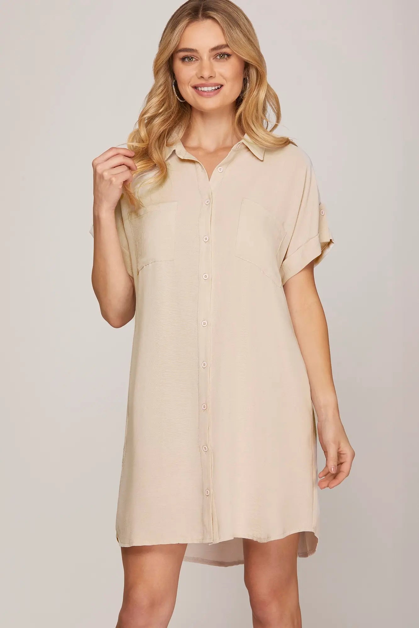 Drop Shoulder Button Up Woven Shirt Dress
