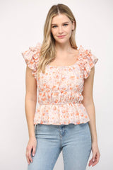 Gathered Waist Flutter Sleeve Top