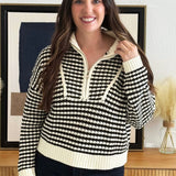 Quarter Zip Open Knit Striped Sweater
